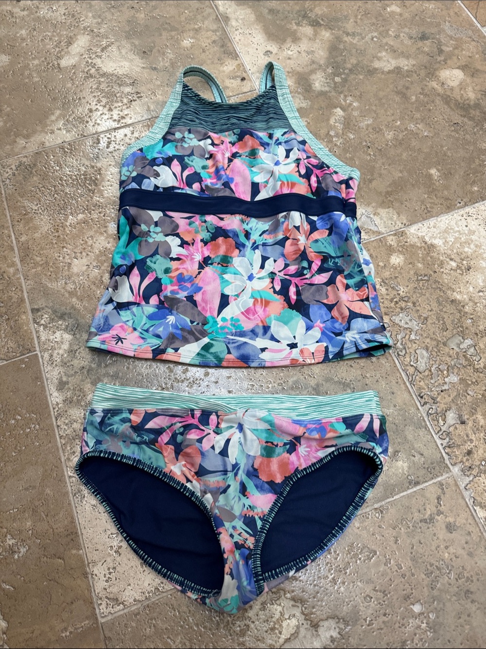 Athleta Girl Navy Blue Swim tankini top and  Bottom set with Mint Stripe Trim